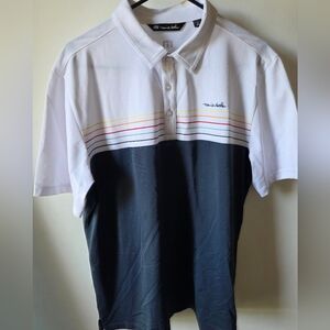 Mens Travis Mathew White and Blue Stripes Men's Performance Golf Shirt Large